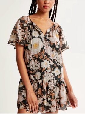 Abercrombie & Fitch Black Floral Mini Dress with Cream and Tan Blooms